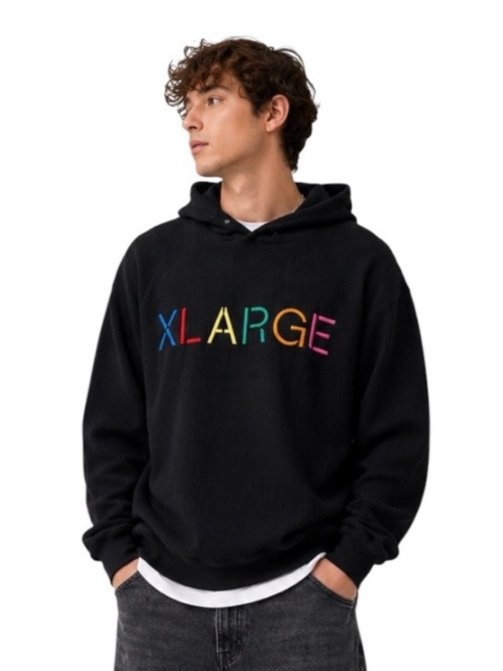 Vintage XLARGE Embroidered Rainbow Logo Thermal Hoodie Medium Y2K Streetwear